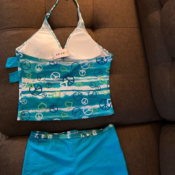 NWT - IEFIEL Girls Tankini Swim Suit (Blue Peace Sign Design) Brand New w/Tags - Picture 2 of 3